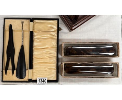 A vintage cased combination button hook / shoe horn with glove stretchers &amp; 2 boxed Xylonite hat brushes