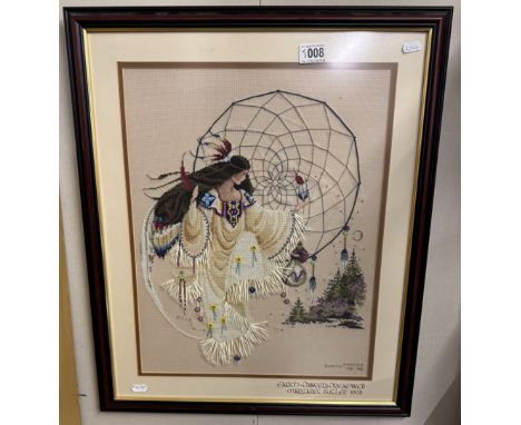 A framed and glazed 'Earth Dancer Dream Web' tapestry by Margaret Butler 1998.