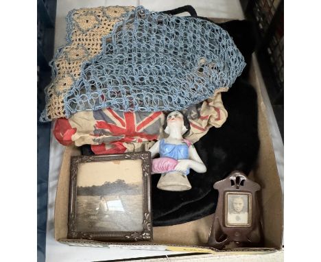 A small art nouveau photo frame &amp; 1 other, A pin cushion doll, 1937 Coronation handkerchief, Filigree lace cap etc