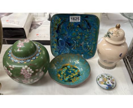 A Chinese cloisonne ginger jar &amp; a selection of enamel on metal pieces &amp; oriental pottery