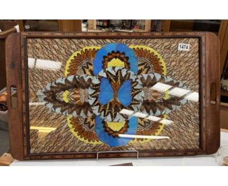 A large vintage inlaid tray decorated with lepidopteran wings. 71.5 x 43cm