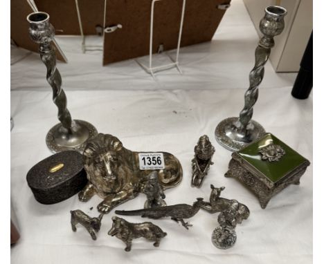 A quantity of silver plated &amp; white metal figures &amp; animals including candlestick &amp; trinket pots etc.