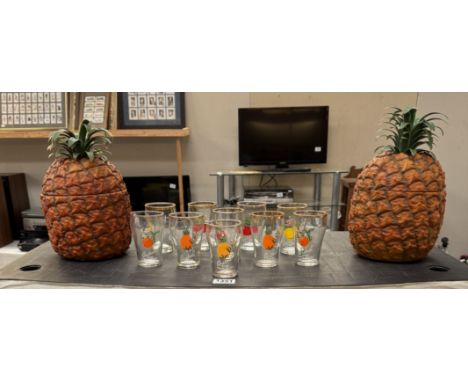 2 Vintage pineapple ice buckets with glass liners &amp; a quantity of fruit decorated Britvic glasses