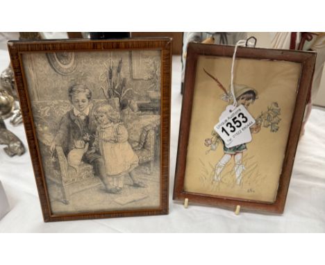 A vintage watercolour of a German boy &amp; a print of an engraving