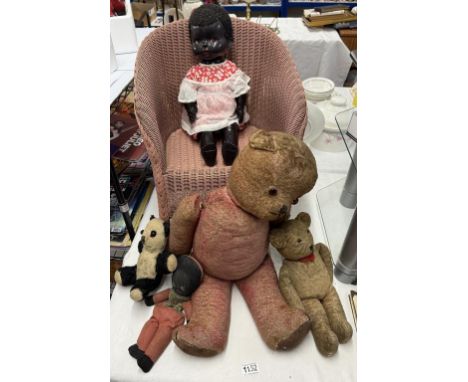 A collection of vintage Teddy Bears, Doll's &amp; a Lloyd Loom style child's chair