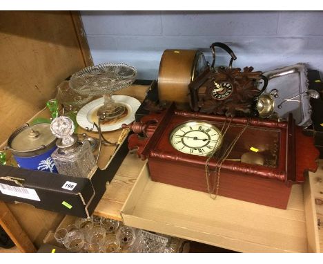 Two trays of assorted and a wall clock