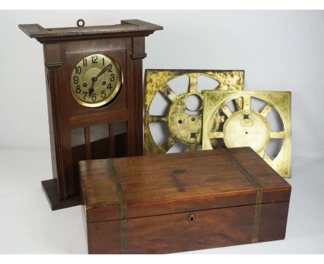Assorted clock parts, including a brass longcase dial sectio, signed Mayor Scholfield, Rochdale, with a writing box and other