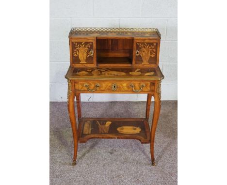 A Louis XV / XVI Transition period marquetry bonheur du jour, 18th century, with a three quarter galleried top, over two smal