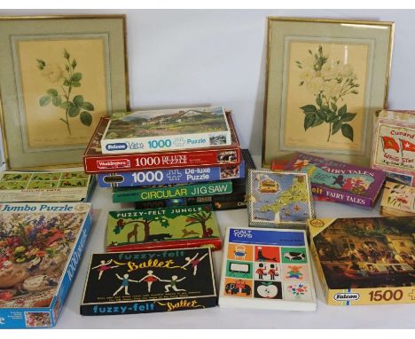 A pair of prints of Roses, after P Redoute, together with a selection of assorted puzzles, including a Cunard White Star Line