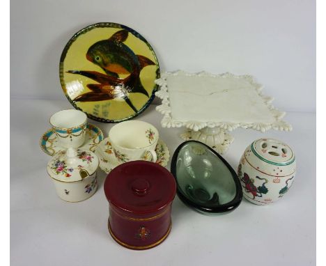 A mixed lot of ceramic, including a Staffordshire fruit stand, a covered entree dish and Jasper ware hot water jug (a lot)
