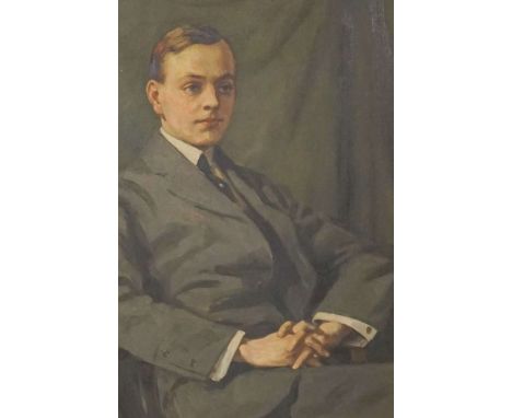 British School, early 20th century, Portrait of a young man, seated and wearing a grey suit, oil on canvas, unsigned, 74cm x 