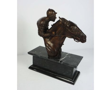 British school, 20th century, Equestrian portrait bust of a horse and Jockey, bronzed finish, unsigned, set on a stepped squa