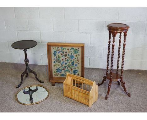 A small bedside chest of drawers; together with a small mirror, plant stand, fire screen, magazine stand and wine table (6)