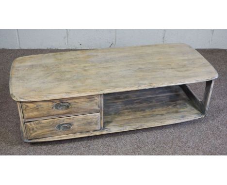 A large vintage 'Minerva' coffee table by Ercol furniture company, solid elm construction with two drawers.  54cm high, 125cm