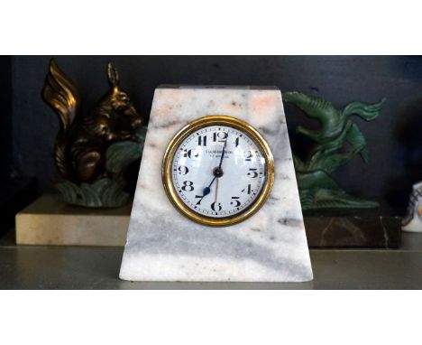 Two Art Deco figures, each spelter, one depicting two birds in flight on veined marble base, the other depicting a hare on a 