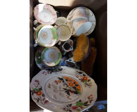 Three hallmarked silver hairbrushes, further ceramics to include a Coalport hand painted tea service, Ironstone ware, etc.