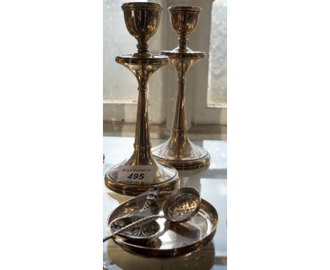 A pair of Birmingham hallmarked silver candlesticks together with a pair of London hallmarked silver trays, a continental cha