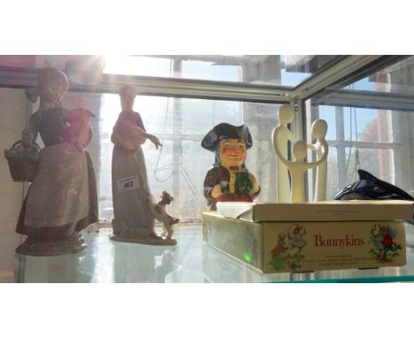 A group of ceramic items to include a Lladro figure of a lady holding a duck, together with a further Lladro figure of a girl