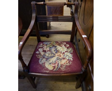 A good quality Regency inlaid mahogany bar back single chair, with upholstered tapestry seat.