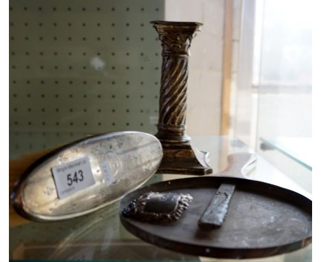 A London hallmarked silver Corinthian candlestick together with a Birmingham hallmarked silver decanter label, 'Gin' a Birmin