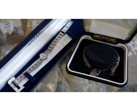 A white metal fancy link five bar gate bracelet with hallmarked silver heart shaped padlock clasp, together with a Rotary lad
