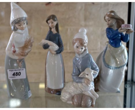 A group of Lladro and Nao Lladro figures to include a model of a girl holding a hen, a girl holding a pig, a Nao Lladro figur