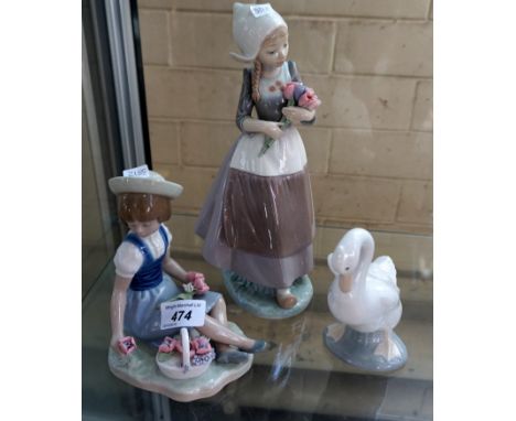 A group of Lladro and Nao Lladro figures to include a Lladro model of a girl seated beside a basket of flowers, a Nao Lladro 