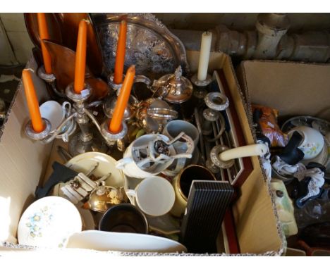 A mixed lot of assorted silver-plate and ceramics to include candlestick, tea service, etc.