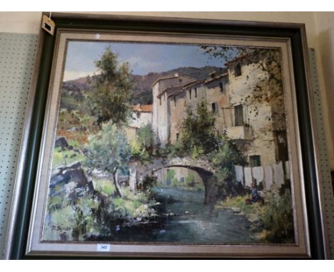 R. Silvets (20th Century) oil on canvas depicting a continental river scene with a lady seated.