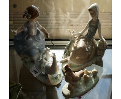 A group of Nao Lladro and Lladro figures to include a Nao Lladro figure group of a hen and chicks, a Lladro figure of a girl 