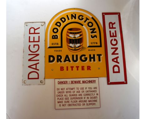 A quantity of enamel signs to include two 'Danger' signs, a 'Danger Beware Machinery' sign and a 'Boddington Draught Bitter' 