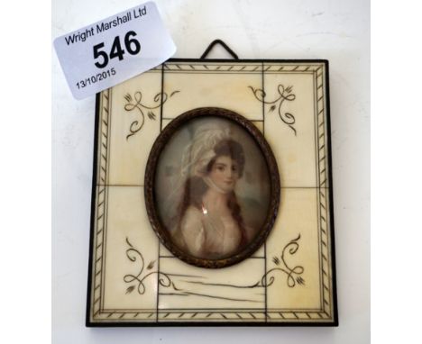 A hand painted oval portrait miniature on ivory, signed H Ford, set within a piano key rectangular frame. 