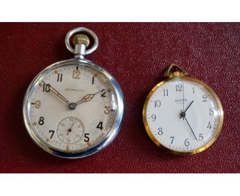A vintage Sekonda yellow metal cased open faced 17 jewel pocket watch, with fitted box, together with a possibly military Leo