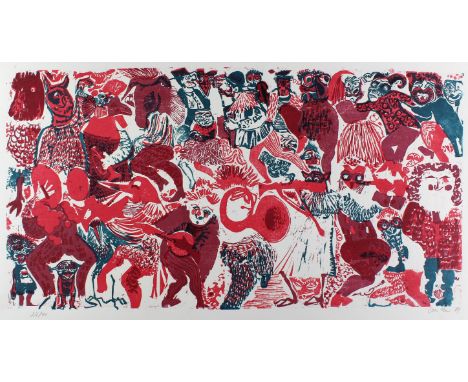 Eberlein, Klaus: (1941 München). Fasching. Farblinolschnitt, 1971. 34,5 x 66, Blgr. 45 x 77 cm. Sign., dat. u. num. - Eines v