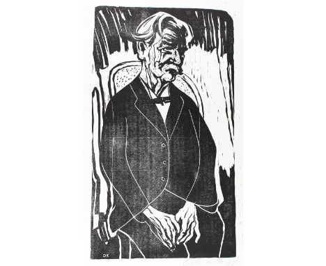 Kreibich, Oskar: (1916 Seifersdorf/Nordböhmen - Backnang 1984). Portrait Albert Schweitzer. Sitzendes Kniestück. Holzschnitt 