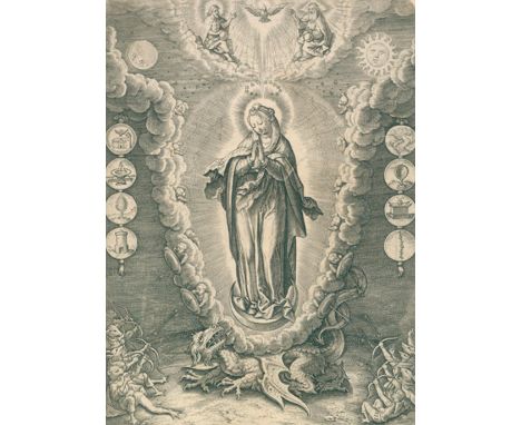 Wierix, Hieronymus: (1553 Antwerpen 1619). Die Jungfrau Maria flankiert von Symbolen aus der Lauretanischen Litanei. Radierun