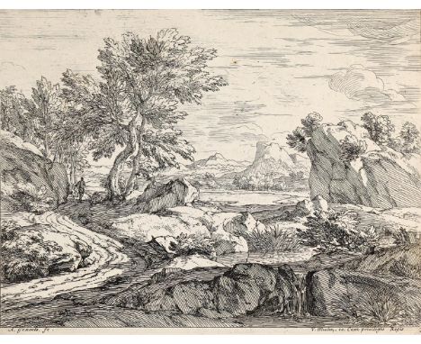 Genoels, Abraham: (1640 Antwerpen 1723). Landschaft mit Felsen, li. ein Wanderer. Aus einer Folge mit Flusslandscahften. Radi