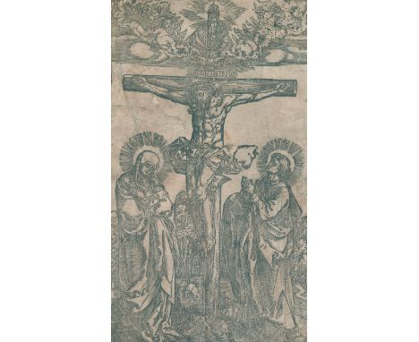 Dürer, Albrecht: (1471 Nürnberg 1528), Kopie. Christus am Kreuz mit der Engelbordüre. Holzschnitt um 1600. Ca. 25,6 x 15,0 cm