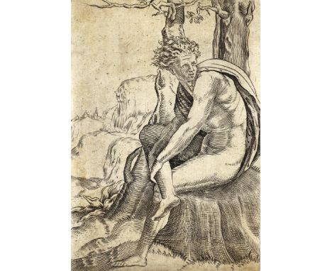 Veneziano, Agostino (d.i. A. dei Musi,: um 1490 Venedig - Rom um 1540). Mann auf einem Felsen. Kupferstich, um 1530. Ca. 11,5