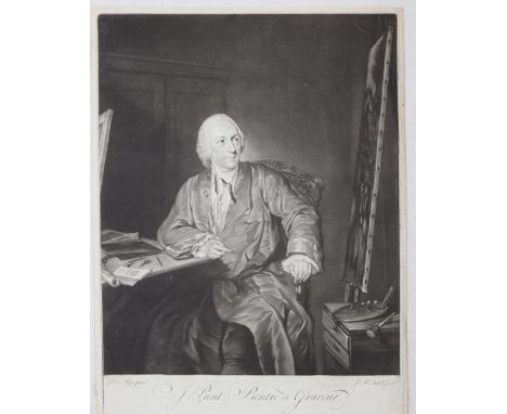 Mc Ardell, James: (1728 Dublin - London 1765). J.Punt, Pientre et Graveur. Kniestück am Tisch mit Radiernadeln sitzend, re. e