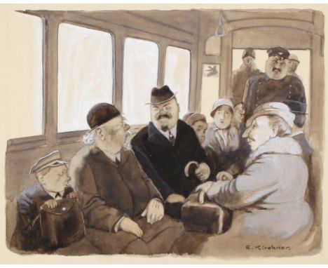 Kirchner, Eugen: (1854 Halle - München 1938). Im Eisenbahnabteil. Tls. weiß gehöhte, braun lavierte Tuschzeichnung auf Karton