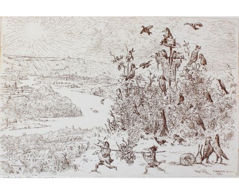 Rauh, Caspar Walter: (1912 Würzburg - Kulmbach 1983). "Bei der Weinlese". Radierung in Dunkelbraun, 1980. 20 x 29,5, 29 x 53 