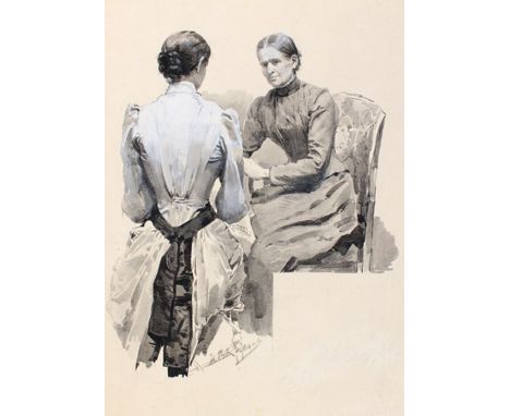 Kaeser-Rueff, Rudolf: (1870 Wien - Kiel 1932). Ältere Frau am Tisch sitzend u. stehende Angestellte. Tls. weiß gehöhte Tuschz