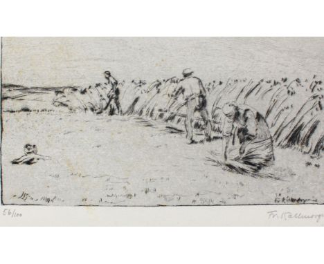 Kallmorgen, Friedrich: (1856 Altona - Grötzingen bei Karlsruhe 1924). Ernte. Kaltnadelradierung, 1917. Plgr. ca 15,5 x 23,5 c