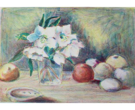 Kirchner, Robert: (1940 Bad Kissingen 2009). Stillleben mit Christrosenstrauss u. Obst. Farblithographie, 1983. 25,5 x 36, Bl