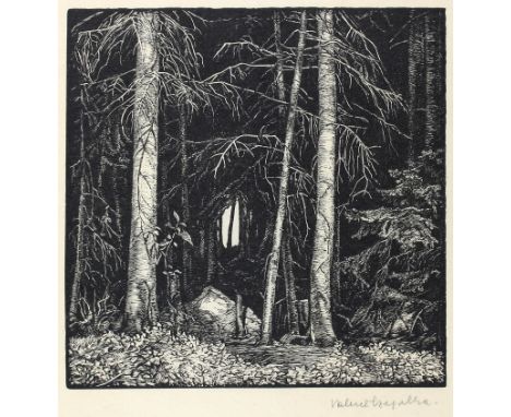 Czepelka, Valerie: (1896 Wien). Waldrand. Holzschnitt auf japanähnl. Bütten. 20 x 20, Blgr. ca. 38 x 28 cm. Sign. - Unt. li. 