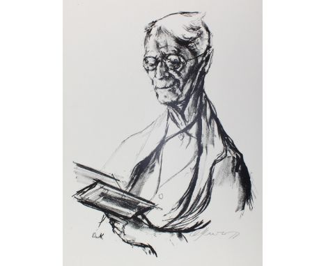 Kreibich, Oskar: (1916 Seifersdorf/Nordböhmen - Backnang 1984). Portrait Hermann Hesse von links, in einem Buch lesend. Litho
