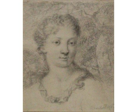Werff, Adriaen van der: (1659 Rotterdam 1722). Portrait einer jungen Frau nach rechts. Bleistift u. Kreide auf Papier. Ca. 15