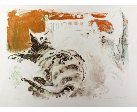Portmann, Hannes: (1927 Sempach - Zürich 2007). Liegende Katze u. weiblicher Halbakt. Farblithographie auf Rives 1975. Blgr. 