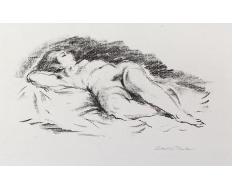 Reuter, Ernest G.: (1933 Drebach). Liegender weiblicher Akt. Lithographie. Ca. 15 x 28,5, Blgr. 37,5 x 50 cm. Sign. Mit ovale